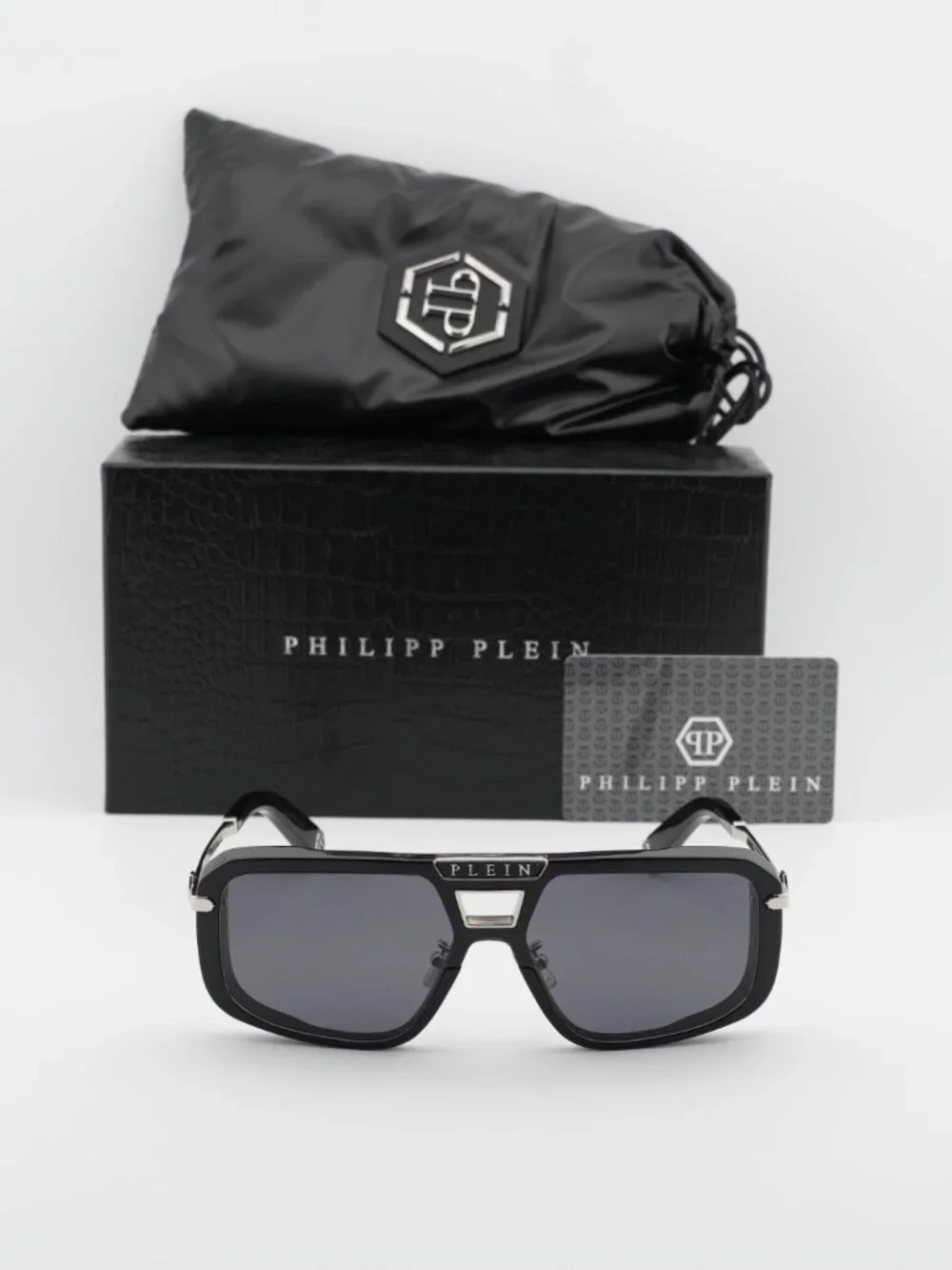 Philipp Plein SPP008M 0700 Aviator Sunglasses – Shiny Black/Grey